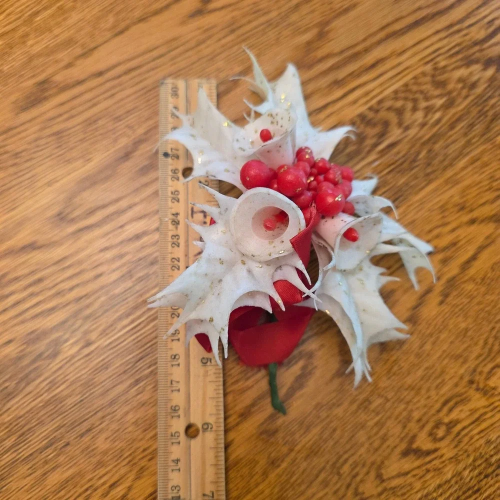 Vintage Christmas Holly Plastic Flocked White Gold Glitter Red Berries MCM Retro